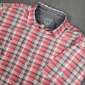 KUHL Eluxur Mens Large Plaid Short Sleeve Button Up Shirt Red Outdoor Hiking